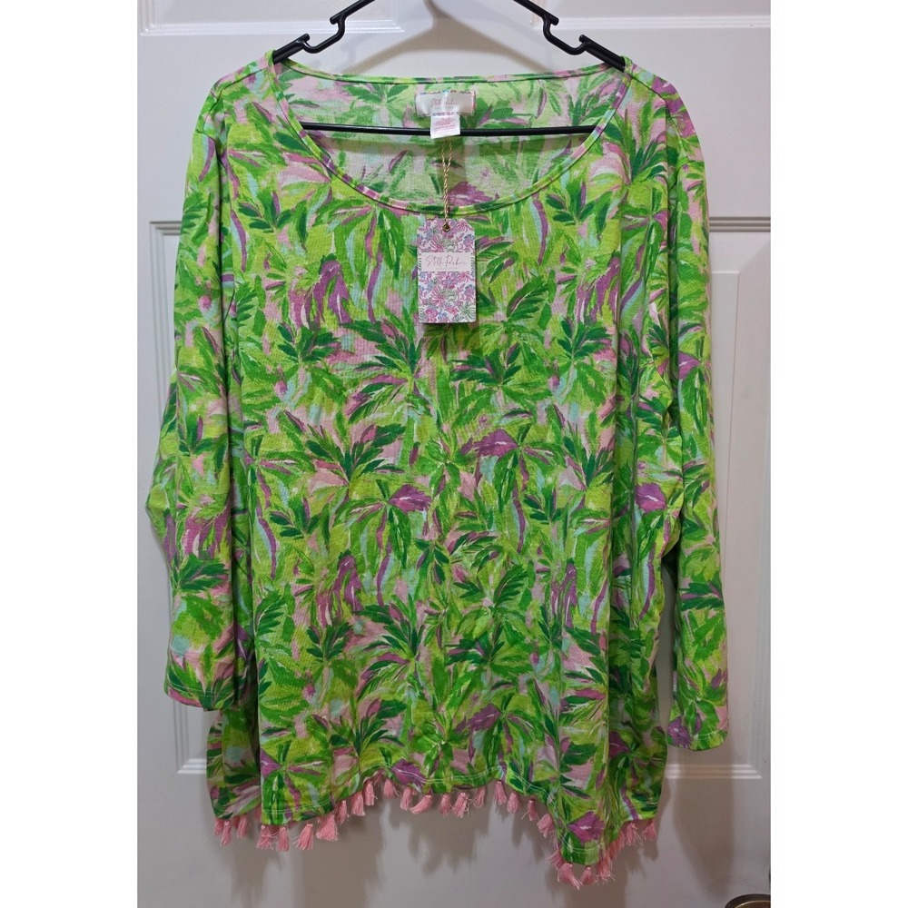 Stella Parker Pink Tassel Trim Tropical Palm Top Green 3X NWT